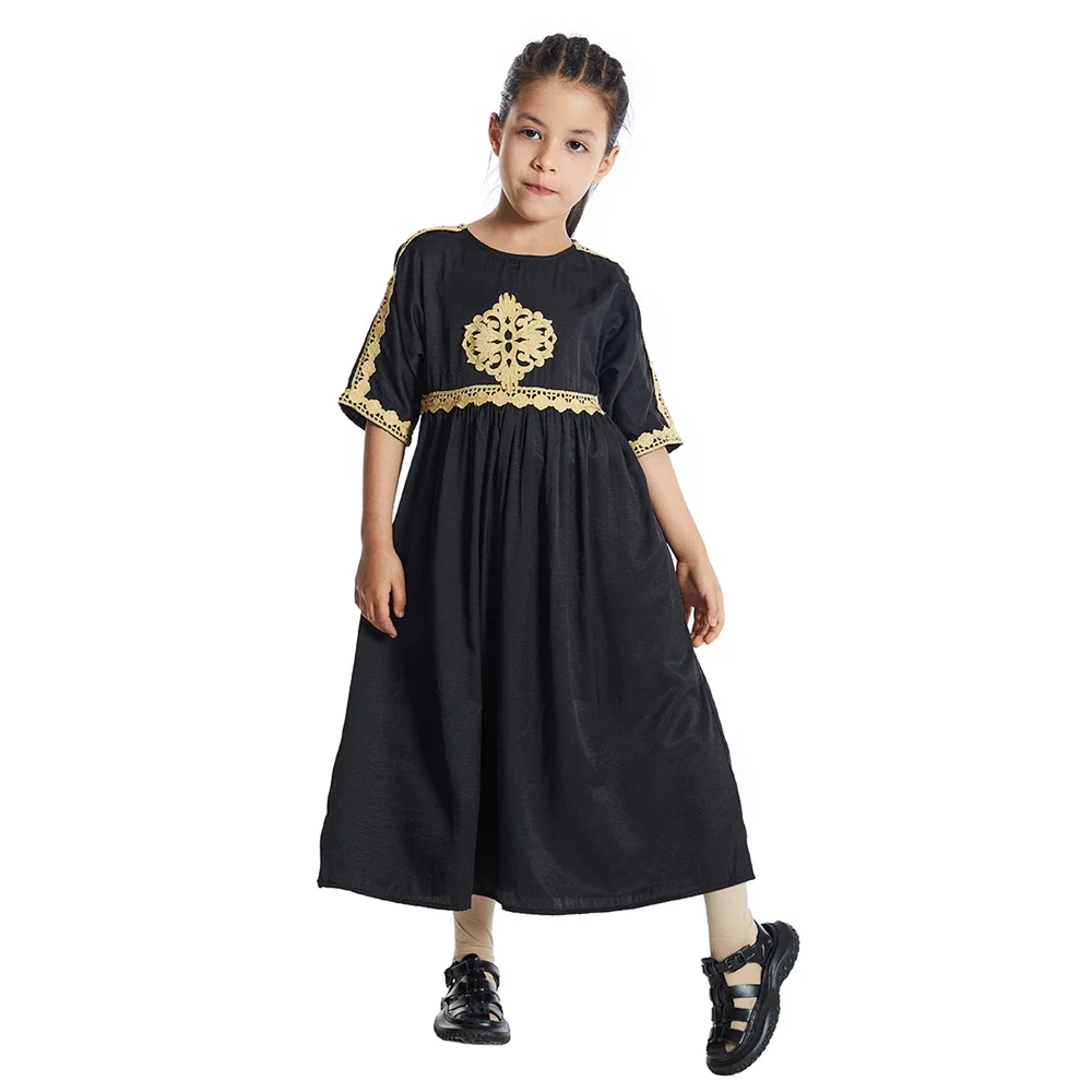

Muslim Kids Girls Prayer Dress Short Sleeve Abaya Robe Arab Dubai Children Ramadan Kaftan Islamic Eid Party Gown Gowns Clothing