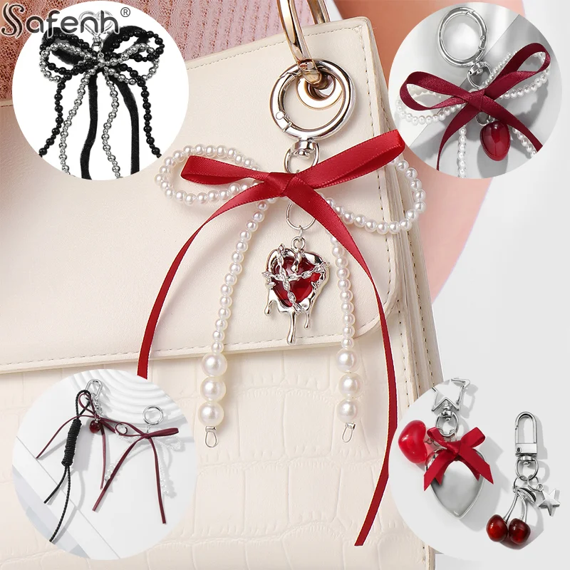 1PCS Zinc Alloy Sweet Red Cherry Pearl Keychain Ribbon Bowknot Keyring Bag Pendant Key Hanging Decoration For Best Friend Gifts