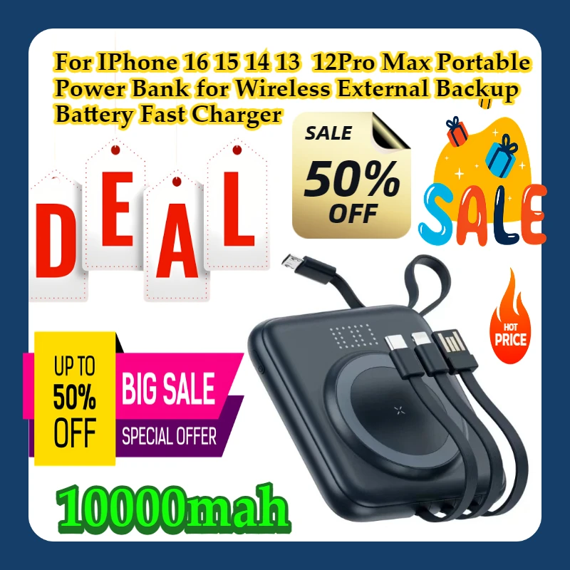 

For IPhone 16 15 14 13 12Pro Max 10000mAh Portable Power Bank for Wireless External Backup Battery Fast Charger