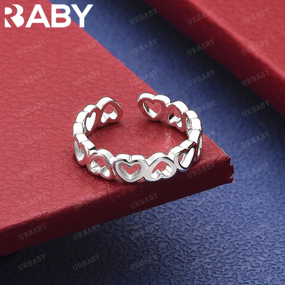 

URBABY 925 Sterling Silver Heart Connected Open Ring Fashion Jewelry Vintage Grace Charm Noble Party Birthday Gifts