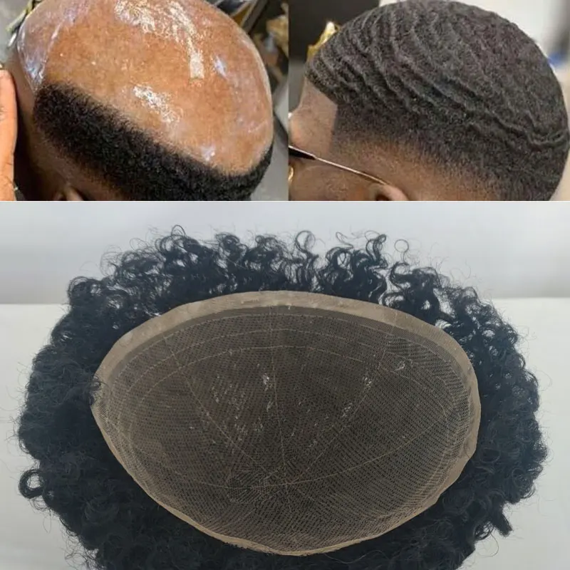 

Human Hair Afro Kinky Curly Men's Toupee Wigs 360 Wave Hairpiece France Full Lace Toupee For African American 10x8 Base Size 1B