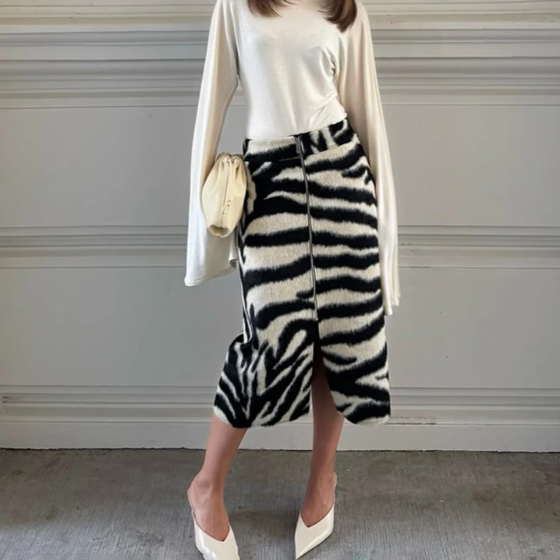 Tsiisd Women Zebra Print Midi Skirt High Waist Zip Contrast Brushed Slim Fit Fall Winter Elegant Commute Women's Clothing Skirts