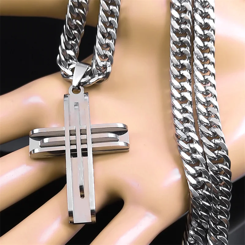 Punk Hip-hop Cross Layered Necklace Men Stainless Steel Silver Color Religious Necklaces Jewelry Party  Anniversary Gift N2356