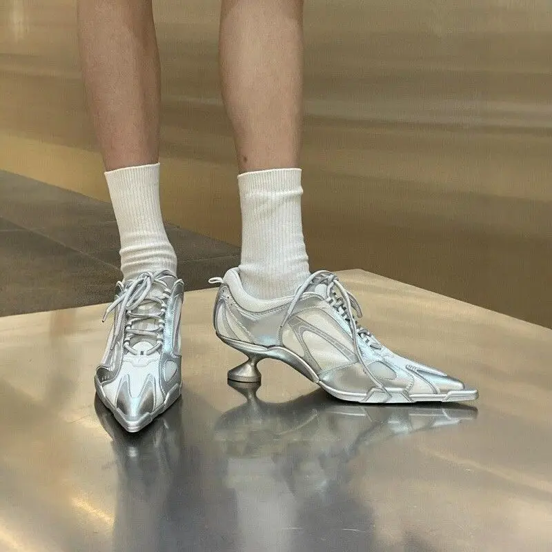 

ZHUOFU Elegant Woman Heels Silver Black Sports Ballet Lace-up Fashion Pointed Toe Breathable Mesh Summer Casual Low Pumps