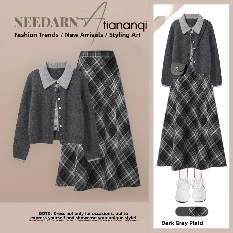 

2026 Spring New Korean Sle Women's Knitted Sweater And High Waist Plaid Skirt Two-Piece Set Faion Ele