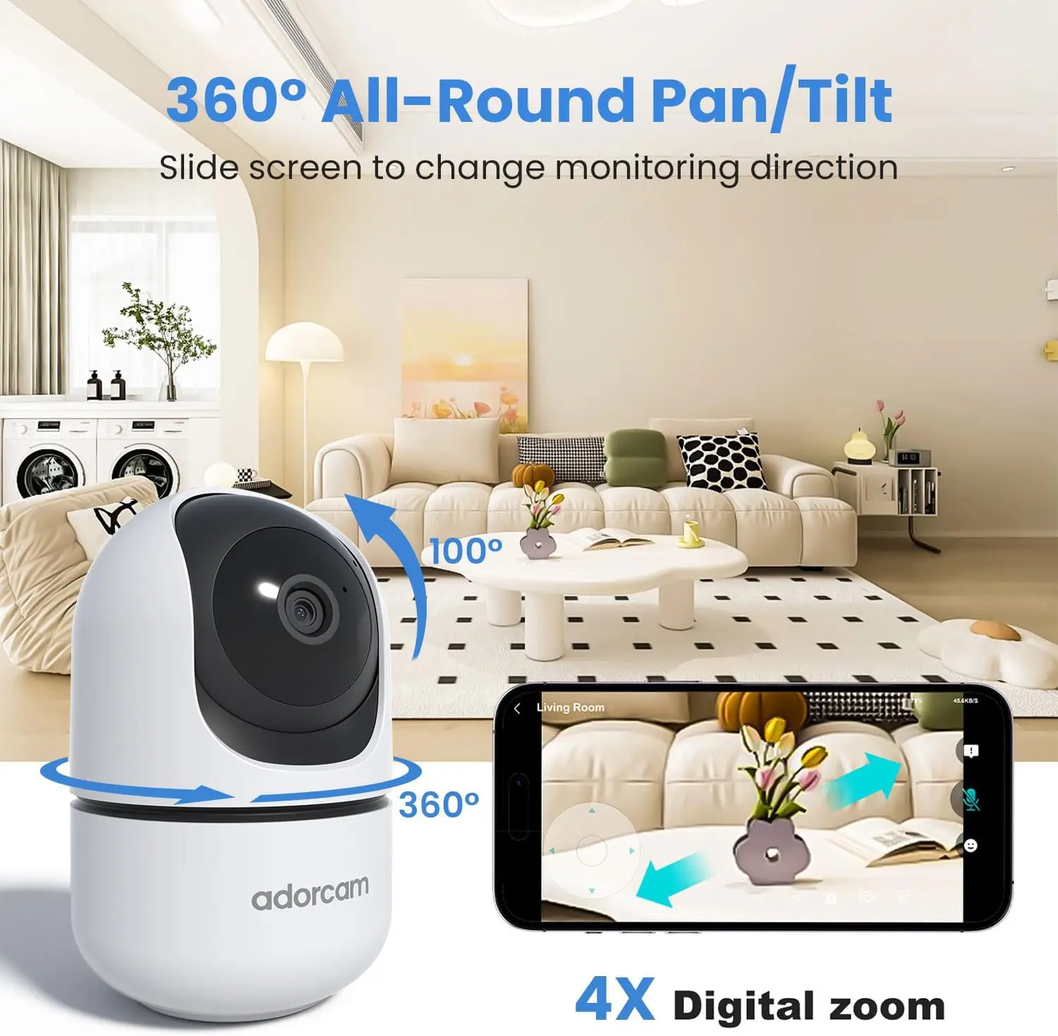 2K 360° WiFi Indoor Security Camera with Night Vision & Two-Way Audio for Home Monitoring
