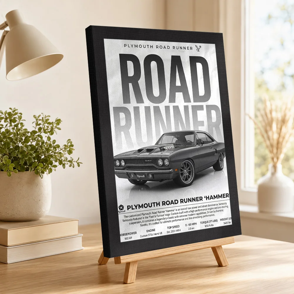 Sleek black Plymouth Road Runner 'Hammer' car Framed Canvas Poster Customized Photo Retro Automotive Wall Art for Garage Decor view 4