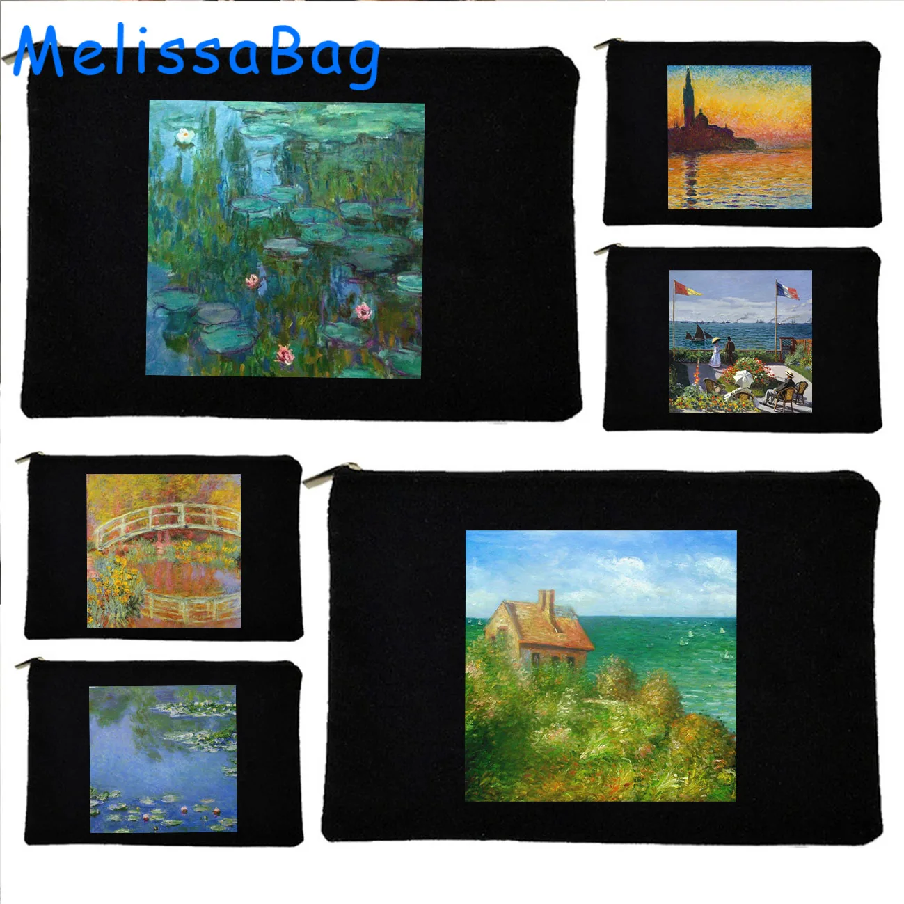 Claude Monet Water Lilies Painting Gift Garden Flowers Bridge Tulip Sunrise Canvas Cosmetic Bags Makeup Pencil Case Zipper Pouch