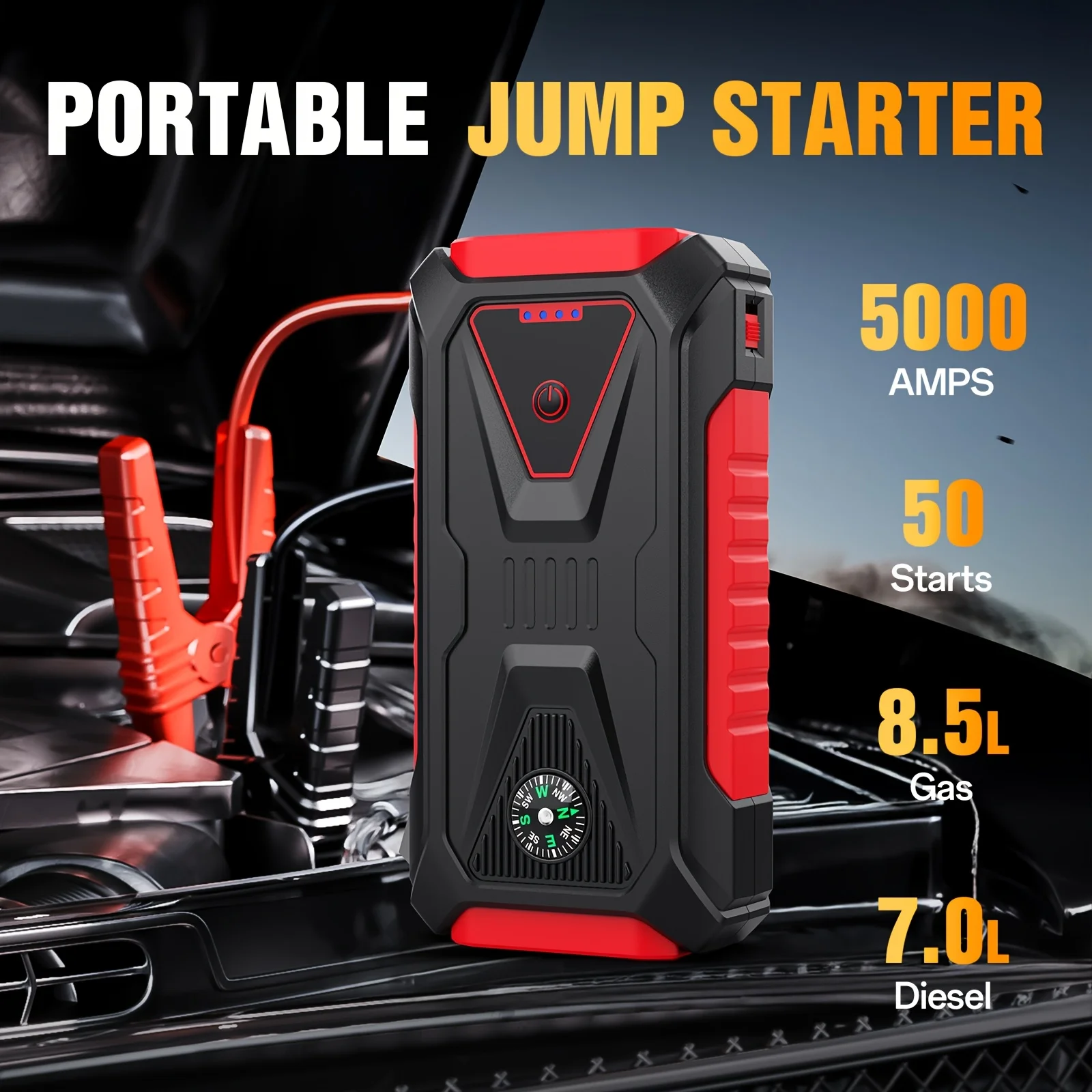 

12V Portable Battery Starter | 5000A Peak Jump Starter for 2.64gal Gasoline and 2.11gal Diesel Engines, LED Flashlight, SOS Warning Lights, Emergency Power Supply with Safety Hammer and Compass, USB Dual Use, Rechargeable Lithium Polymer Battery, For RV