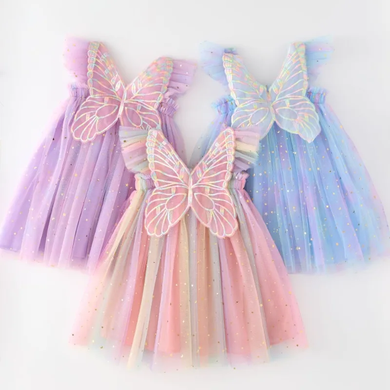 

Children's Sequin Star Rainbow Mesh Wings Dresses Flying Sleeves Fluffy Dress Baby Photo Princess Dress