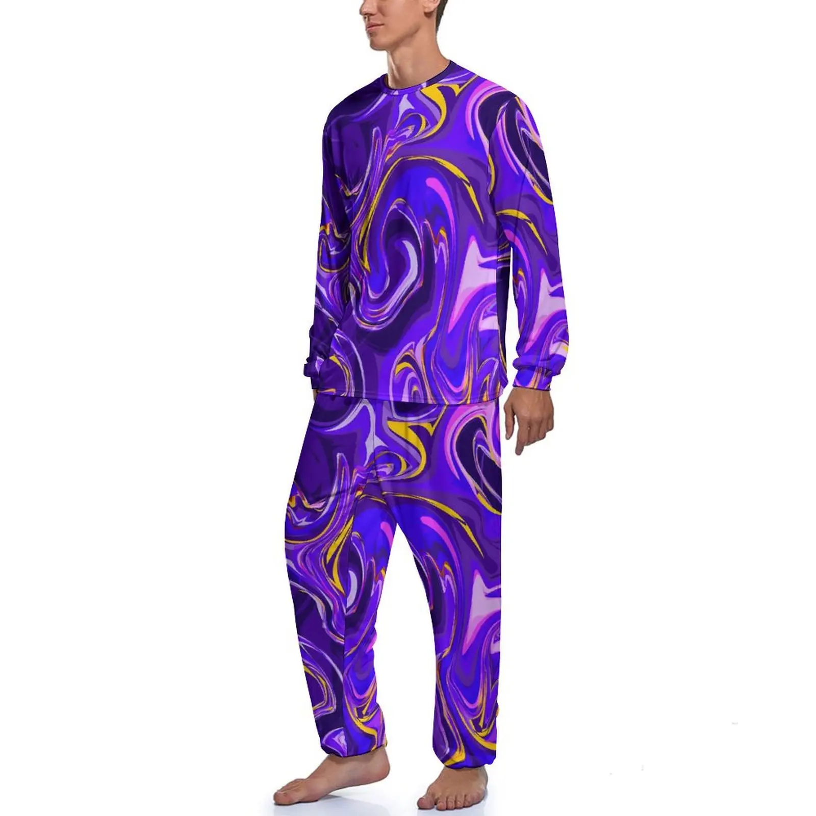 Purple Marble Pajamas Liquid Design Male Long Sleeve Fashion Pajamas Set 2 Pieces Night Spring Custom Sleepwear Gift