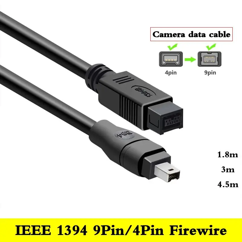 1.8m 3m 4.5m 4P/9P IEEE 1394 Firewire 800 to Firewire 400 Firewire 9-Pin Male to 4-Pin Male Data Cable 1394 Cable