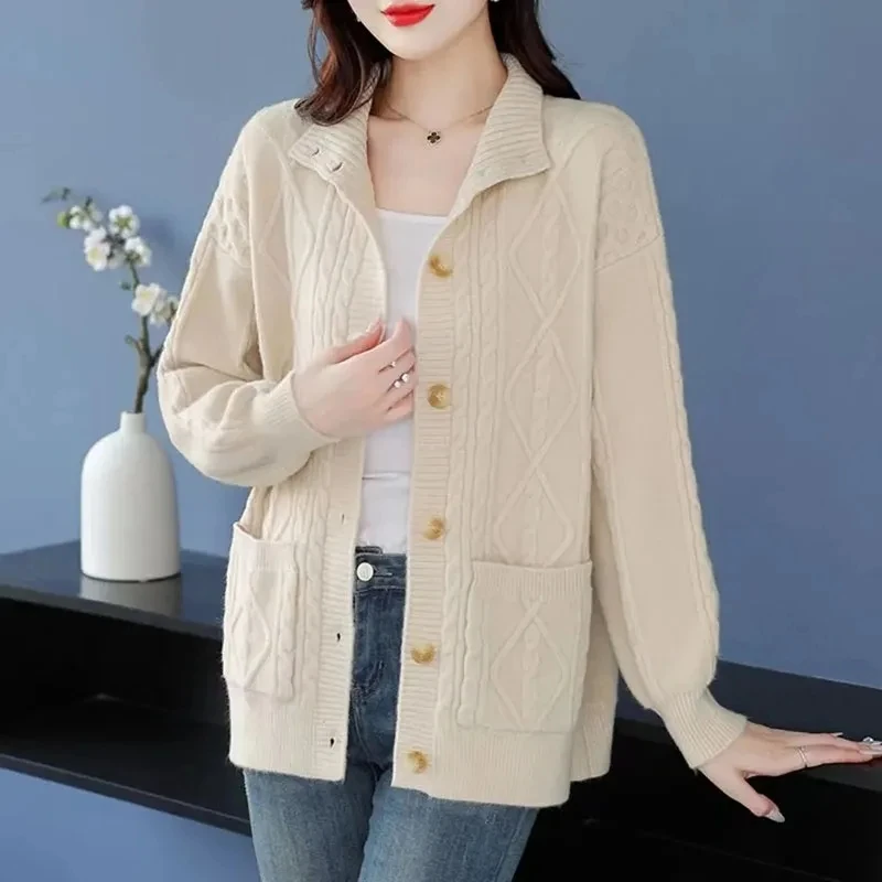 2024Spring Autumnr New Cardigan Sweater Jacket Women  Loose Half-high collar Single-Breasted Knitted Sweater Casual Coat Female