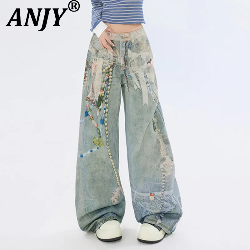 

ANJY Autumn New Women Y2K Jeans Niche Design Printed Personality Streetwear Stylish Casual Versatile Denim Wide Leg Pants A10286