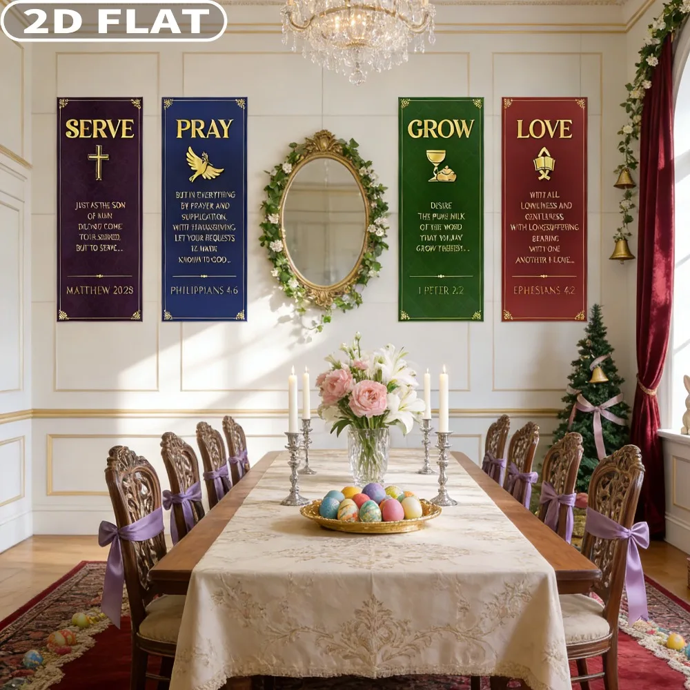 2D FLAT 1pack 4pcs Tapestries Polyester Fabric Church Banners with Scripture Easter Banners for Sanctuary Wall Christian Banner