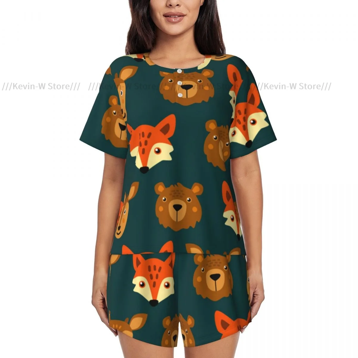 Women Pajamas Set Cute Friendly Forest Animals Homewear Two-Piece Short-Sleeved Short