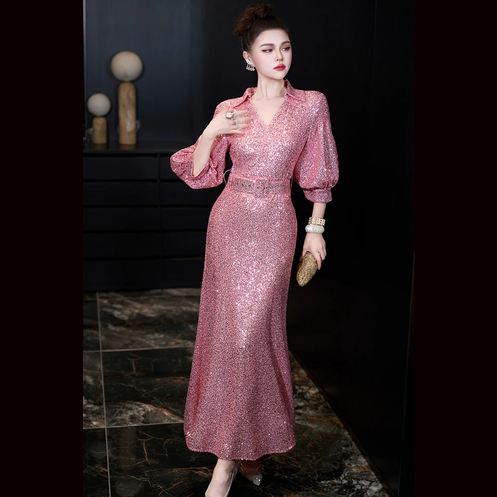 Meyyithun Women's Dress Host Mermaid Gown Turn Down Collar Long Dress Slightly Stretchy Sequin Dress High-End Fashion Dress MX02