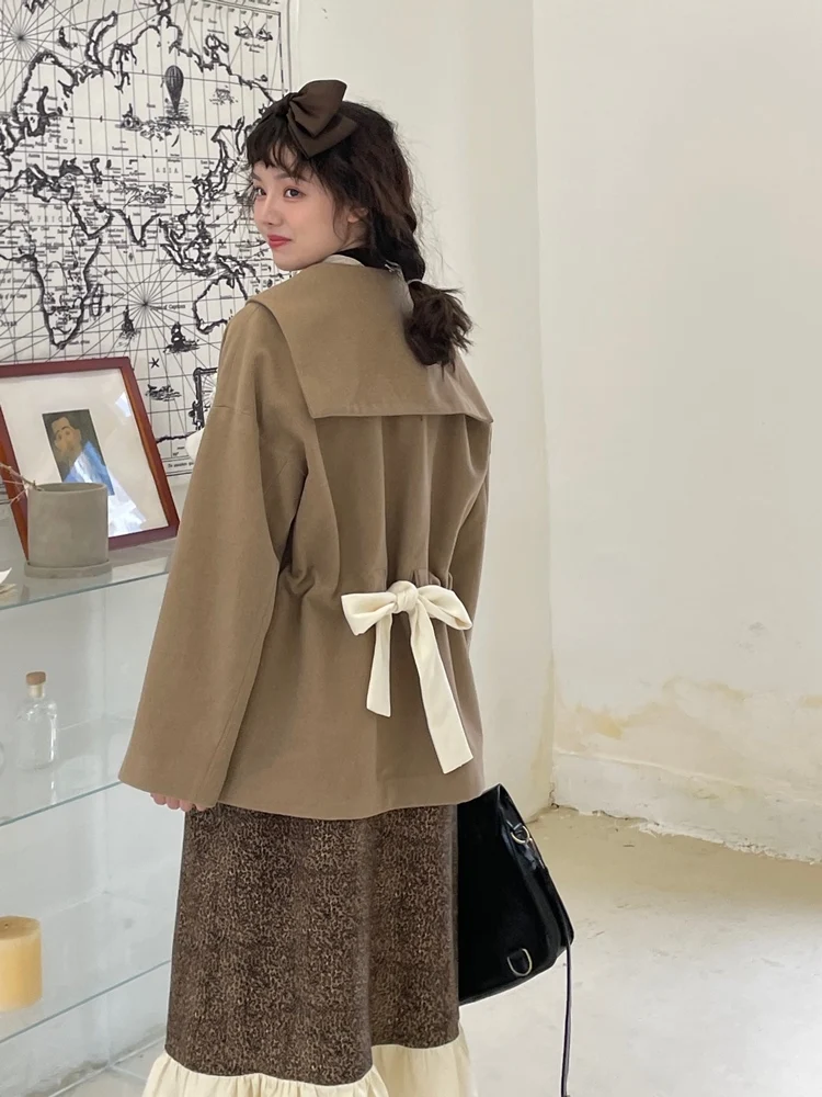 

Cute Retro Woolen Coat Hey an Nai Old Lady Japanese Sle Small Size Women's Clothing Sweet Sle Long Sve Navy Collar
