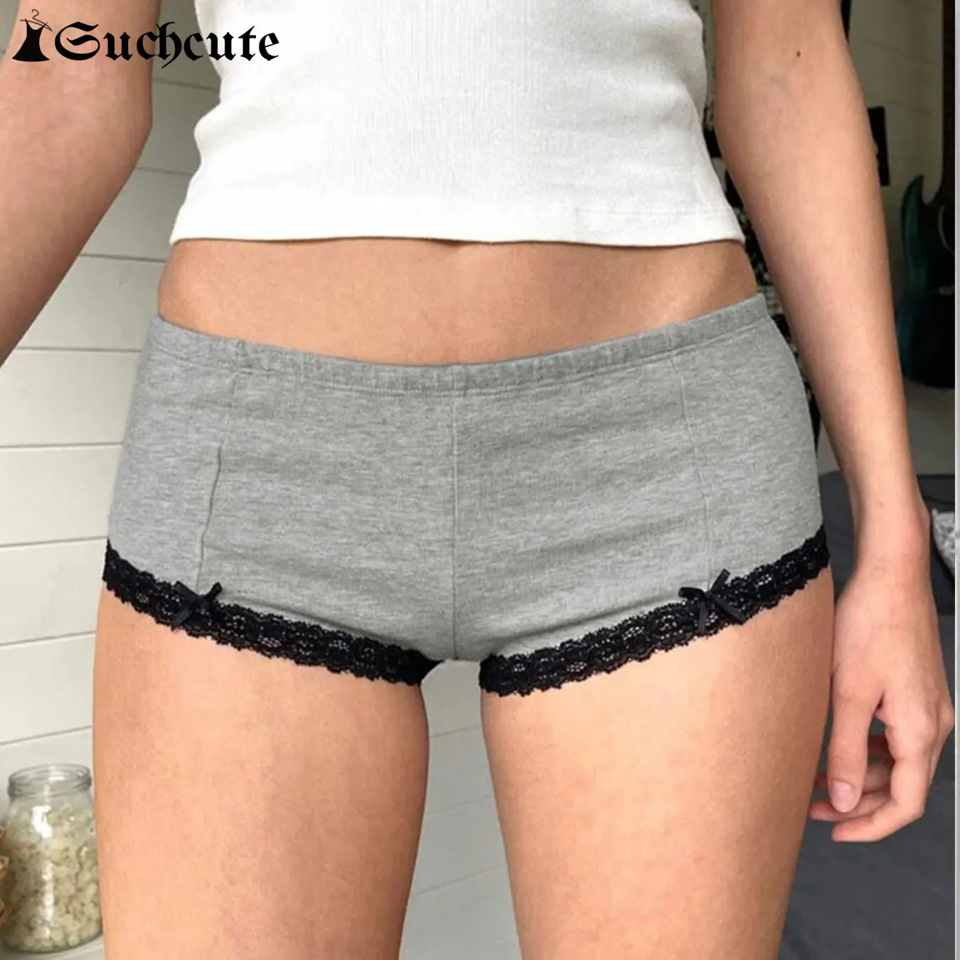 SUCHCUTE Women's Lace Trim Shorts Casual Solid Sexy Slim Elastic Low-Waisted Bottom Fashion Loungewear Summer Clothing Y2K Trend