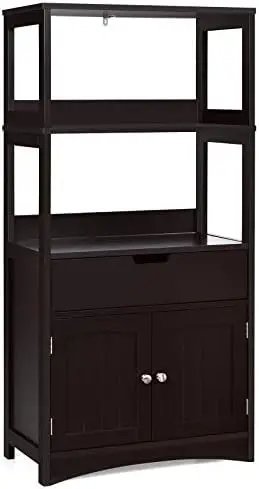 Bathroom Floor Cabinet with Drawer, 2 Open Shelves and Door Cupboard, Multipurpose Free Standing Storage Cabinet for Bathroom Ki