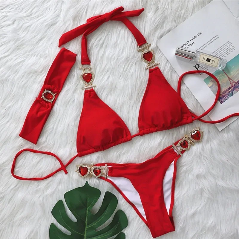 Biquínis rosa sexy com strass para mulheres, biquíni push up, maiô com coração, moda praia, roupas de banho, banhista de piscina