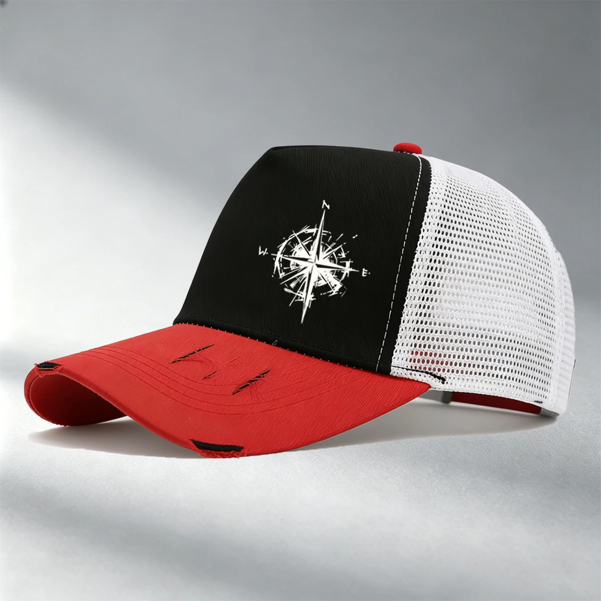 1PC Streetwear Style Compass Print Trucker Hat, Yellow White Color Block, Adjustable Mesh Snapback with Nautical Graphic