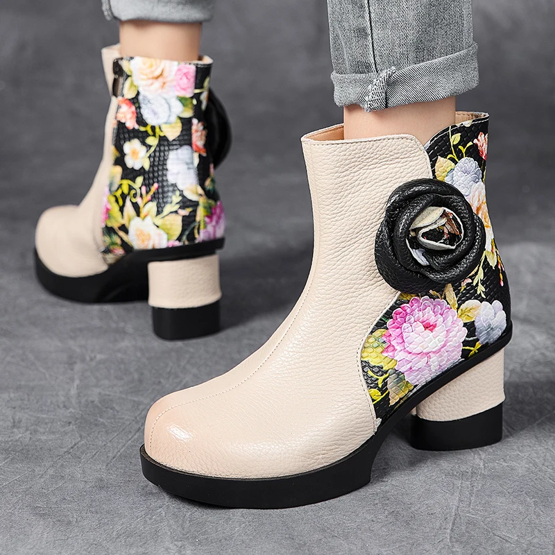 GKTINOO stivali da donna in vera pelle 2024 stivali retrò fatti a mano alla moda stivaletti con tacco alto scarpe floreali in pelle bovina femminile