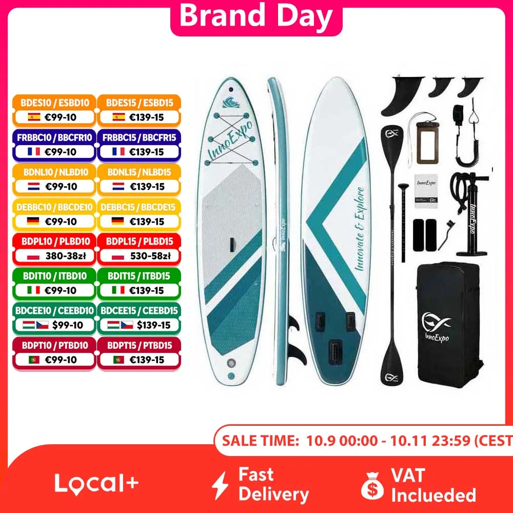 Planche de paddle gonflable InnoExpo, planche de SUP antidérapante avec accessoires, planche de paddle portable pour le surf, le tourisme, la pêche, le yoga et les sports nautiques.