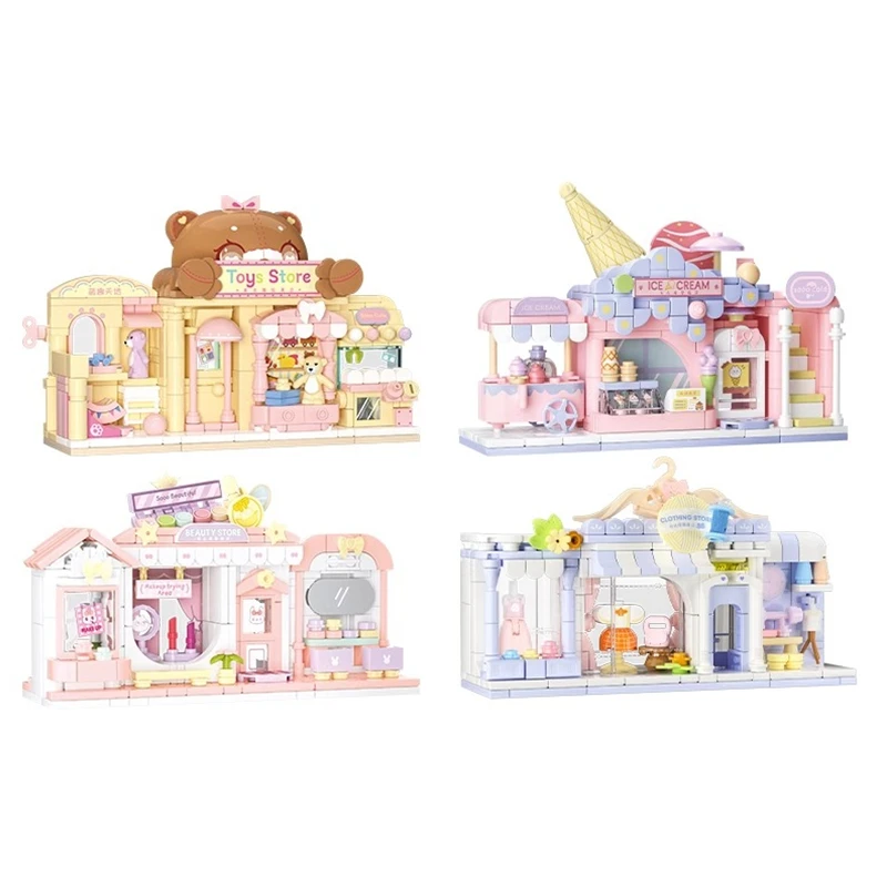 Street view building blocks puzzle assembly children's toys shopping mall shop micro scene model kawaii birthday gift ornaments