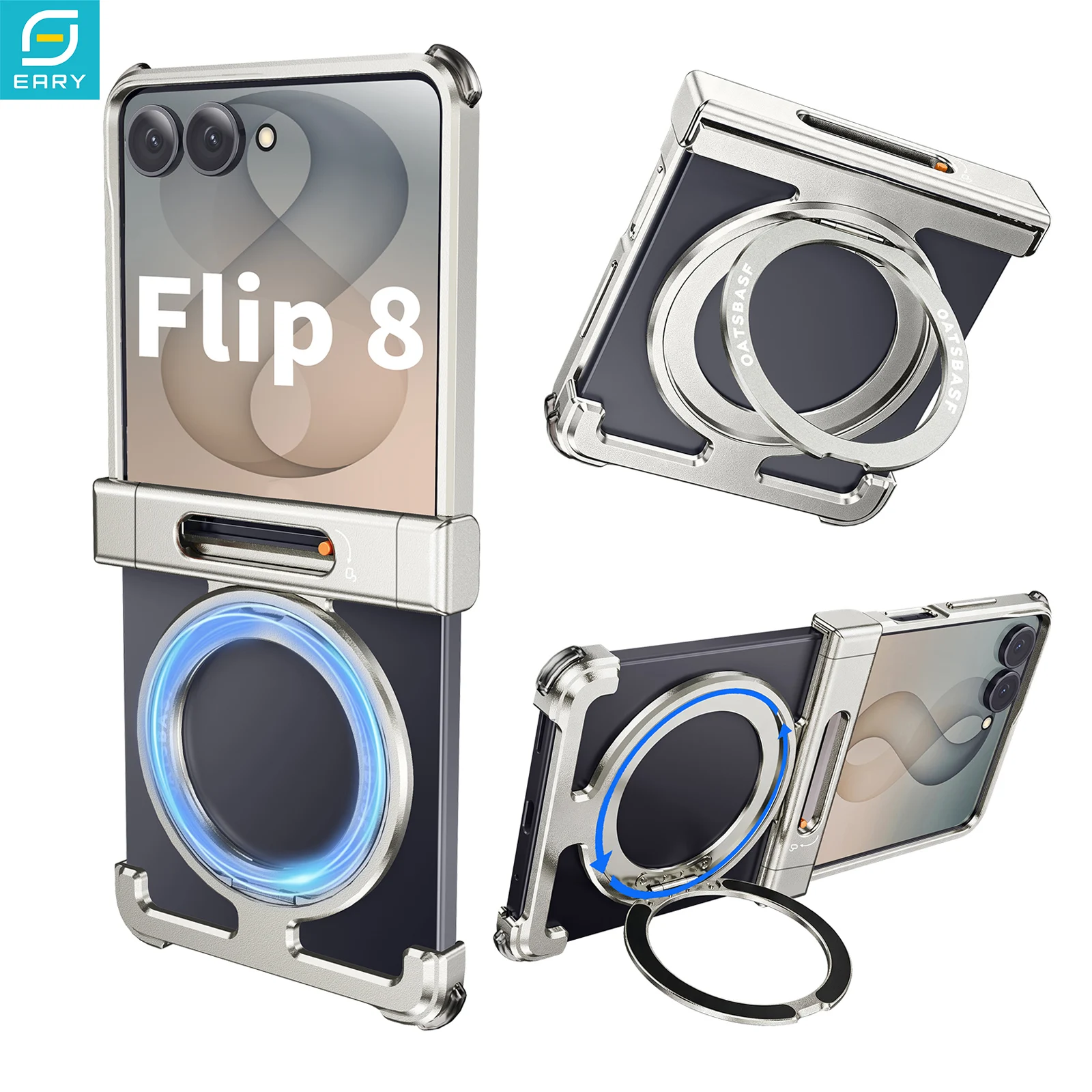 Eary Rahmenloses Gehäuse für Samsung Galaxy Z Flip 8 7 mit 360 ° Drehbarer Magnetständer Metall-Handyhülle Stoßfeste Schutzhülle