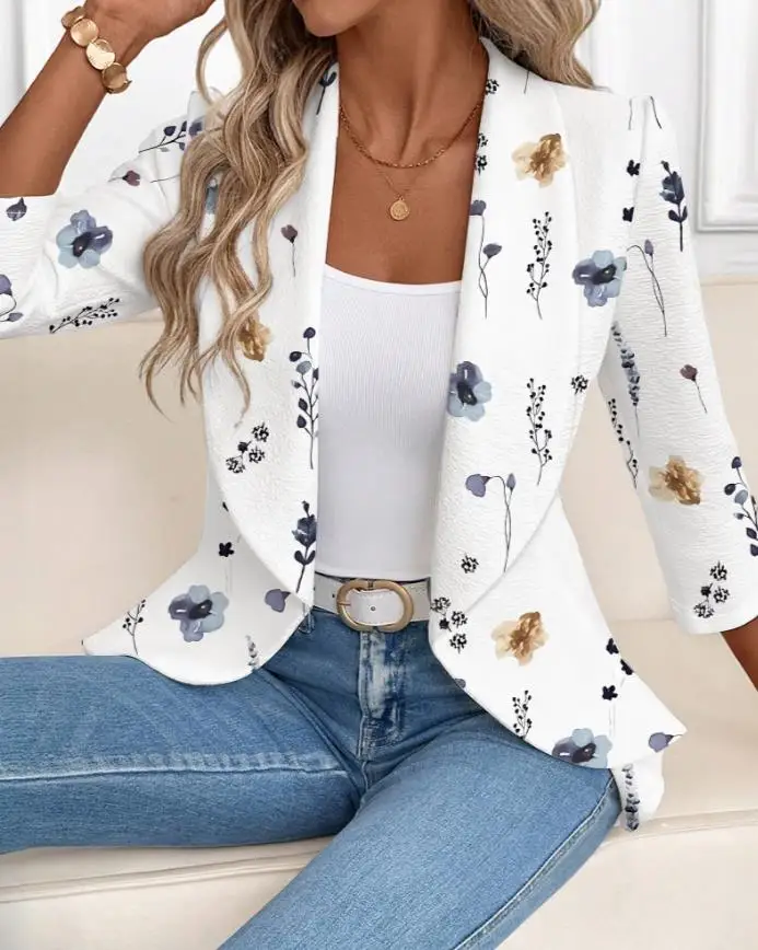 

Женская куртка, новый цветочный принт, шаль, воротник, рукав три четверти, открытое переднее пальто, повседневный пиджак с расклешенным подолом и завязкой на талии