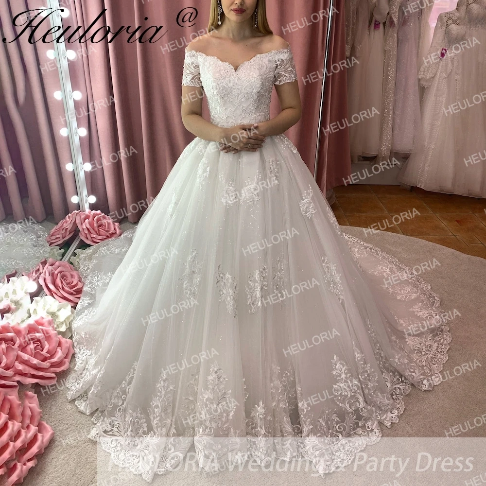 

HEULORIA Vintage Wedding Dress off shoulder short sleeve lace up princess bride dress robe de mariee court train