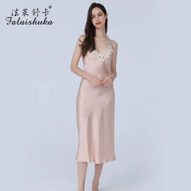 19 momme 100% Genuine Silk long Dress Women Sleepwear Simple pure color summer Spaghetti straps longuette Nightgowns D3672