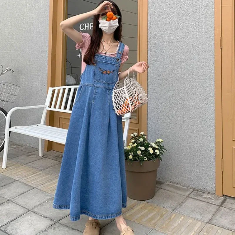 

Denim Dresses Women Ankle Length Dress Loose Fit Vintage Washed Distressed Summer Spliced Pockets Print Square Collar