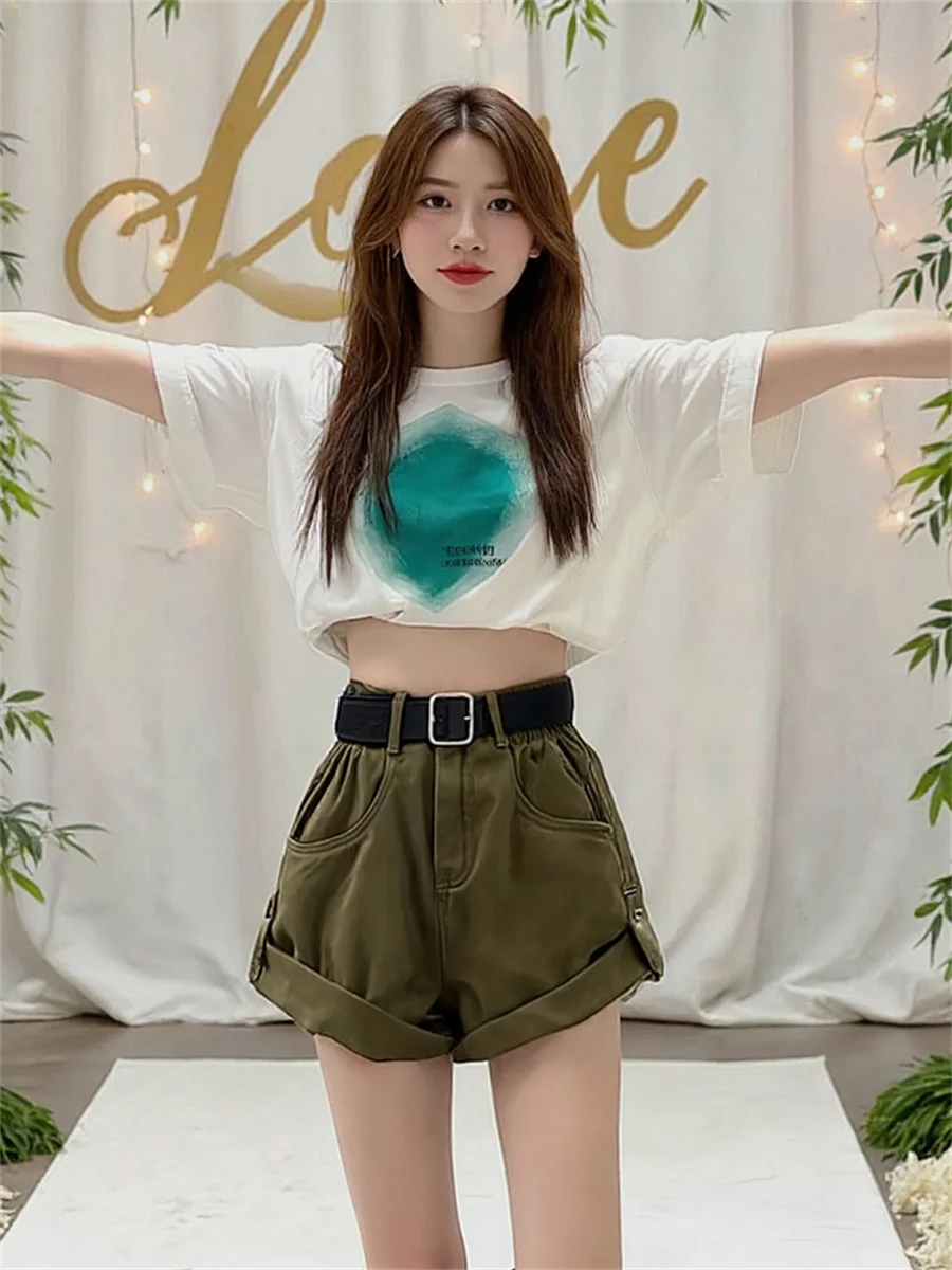 

Джинсовые свободные шорты с высокой талией и закрученными краями для девочек, элегантная женская одежда, весенняя одежда со средней посадкой и поясом, модные студенческие шорты в корейском стиле