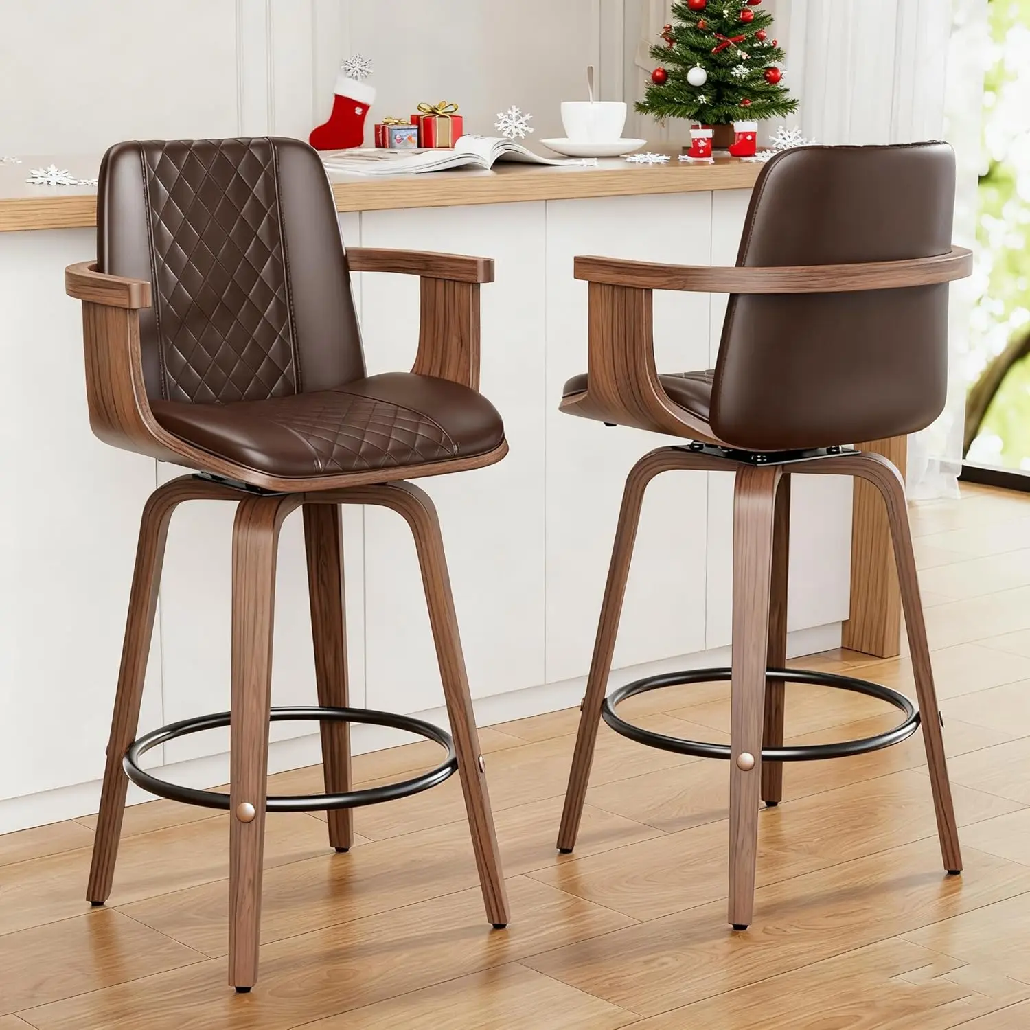 

Набор из 2 барных стульев, современные вращающиеся стулья середины века с подлокотниками, искусственная кожа, коричневый