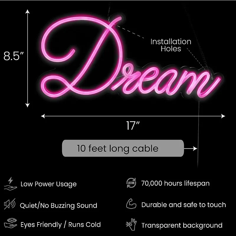 ไฟนีออน LED ฝันพร้อมแผงอะคริลิคและแผงอะคริลิคไฟ LED สีชมพูติดผนังห้องนอนงานแต่งงานร้านกาแฟตกแต่งศิลปะบนผนัง