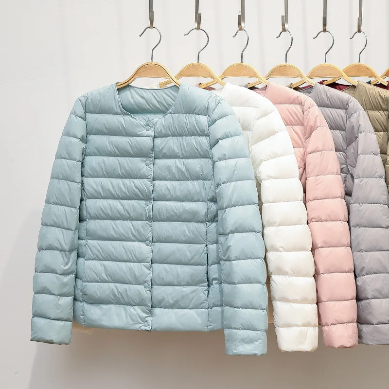 2024 Donne di Inverno Imbottiture Cappotto Ultraleggero Senza Colletto Piumini D\'anatra Portatile Femminile Imbottito Parka O-Collo Puffer Cappotto