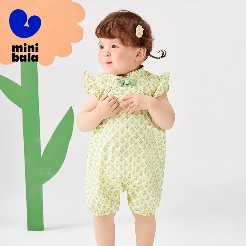 

Миниатюрный хлопковый комбинезон Bala для девочек, детский Cheongsam в китайском стиле, без рукавов, в форме яйца, дышащий летний наряд