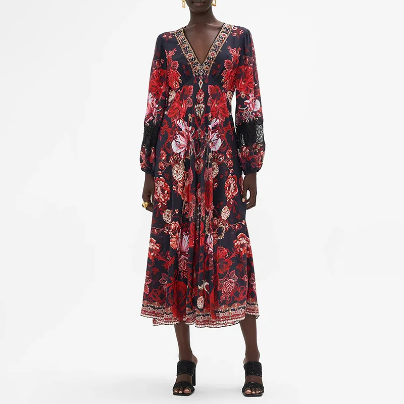 

European and American New Style SexyVCollar Dress 2025New Niche Print Design Waist Slimming Long Dress Women