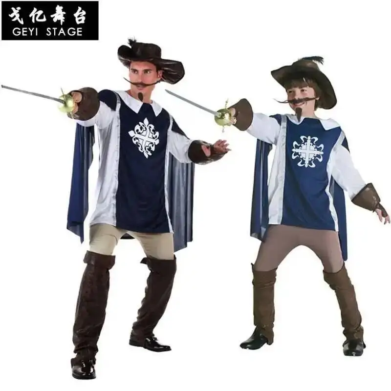 Disfraz de tres mosqueteros azul para niños y adultos, disfraz de caballero guerrero romano griego para niños, disfraz de Carnaval de Halloween, Mardi Gras
