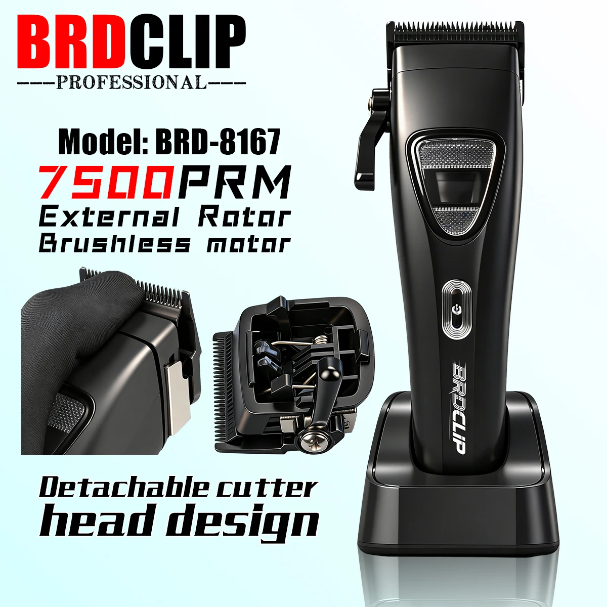 

BRDCLIP BRD-8167 External Rotor Professional Electric Hair Clipper 7500RPM DLC Blade with Base Hair Trimmer Barber Shop Machine