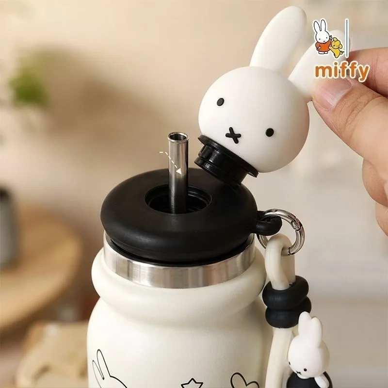 Cartoon Kawaii New Style Thermos Cup Portable Tea Drain Wear-resistant Leak Proof Anti-slip Keep Cold Straw Compact 500ML Miffy