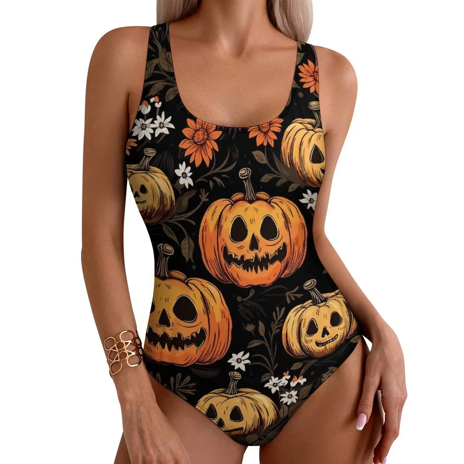 

Хэллоуин Тыквы Купальник Цветочный Принт Купальники Цельный Праздничный Купальник Монокини Женщины Пуш-Ап Сексуальные Пляжные Наряды