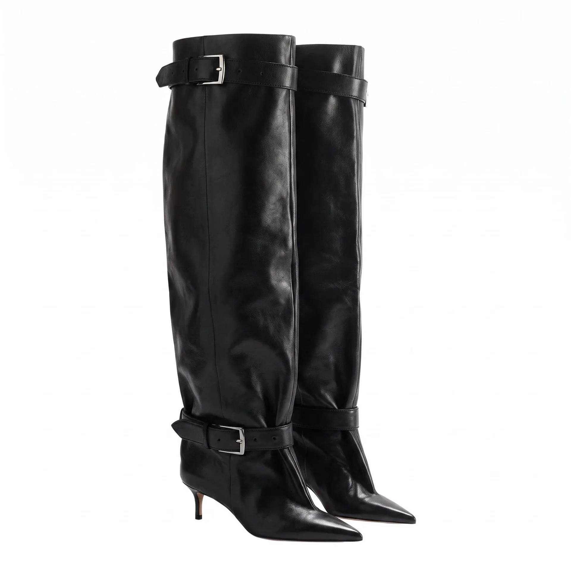 Women's Pointed Toe Knee High Boots, Slim Stiletto Heel Slouchy Fold Over Long Boots, Double Metal Buckle Genuine Leather Boots,