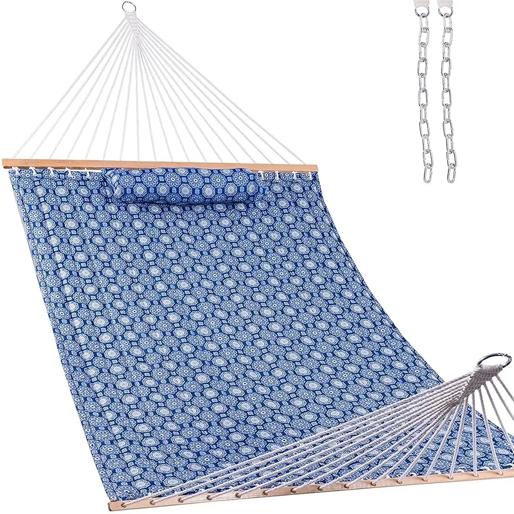 

12 Ft Double Quilted Fabric Hammo With Spreader Bars And Detachable Pillow, 2 Person Hammo For Outdoor Patio Backyard Poolside,