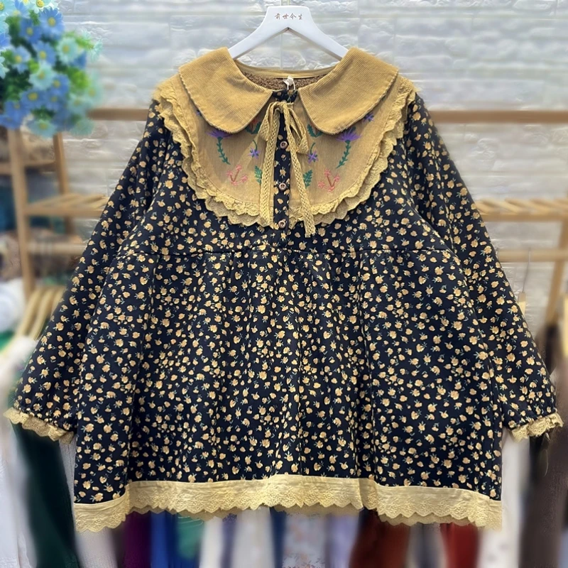 Women Winter Fleece Vintage Cotton Floral Embroidery Patchwork Corduroy Fleece Blouse Retro Chic Mori Girl Cottage Core Tops