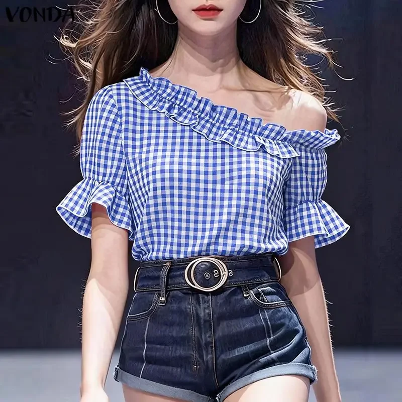 

2026 ZANZEA Elegant Plaid Blouse Summer Short Sleeve Tops Fashion Skew Collar Casual Loose Office Lady Shirts Sexy Blusas Femme