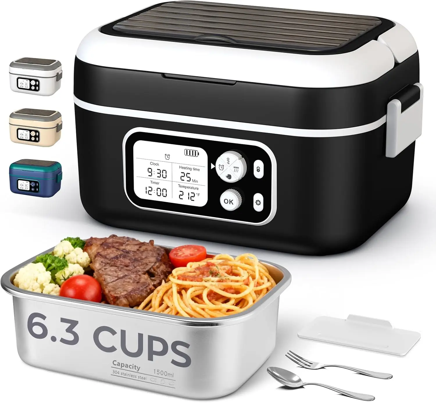 

Cordless Heated Lunch Box with 24000mAh Battery, 6.3 Cup Self Heating Food Warmer for Work Travel, Includes Cutlery and