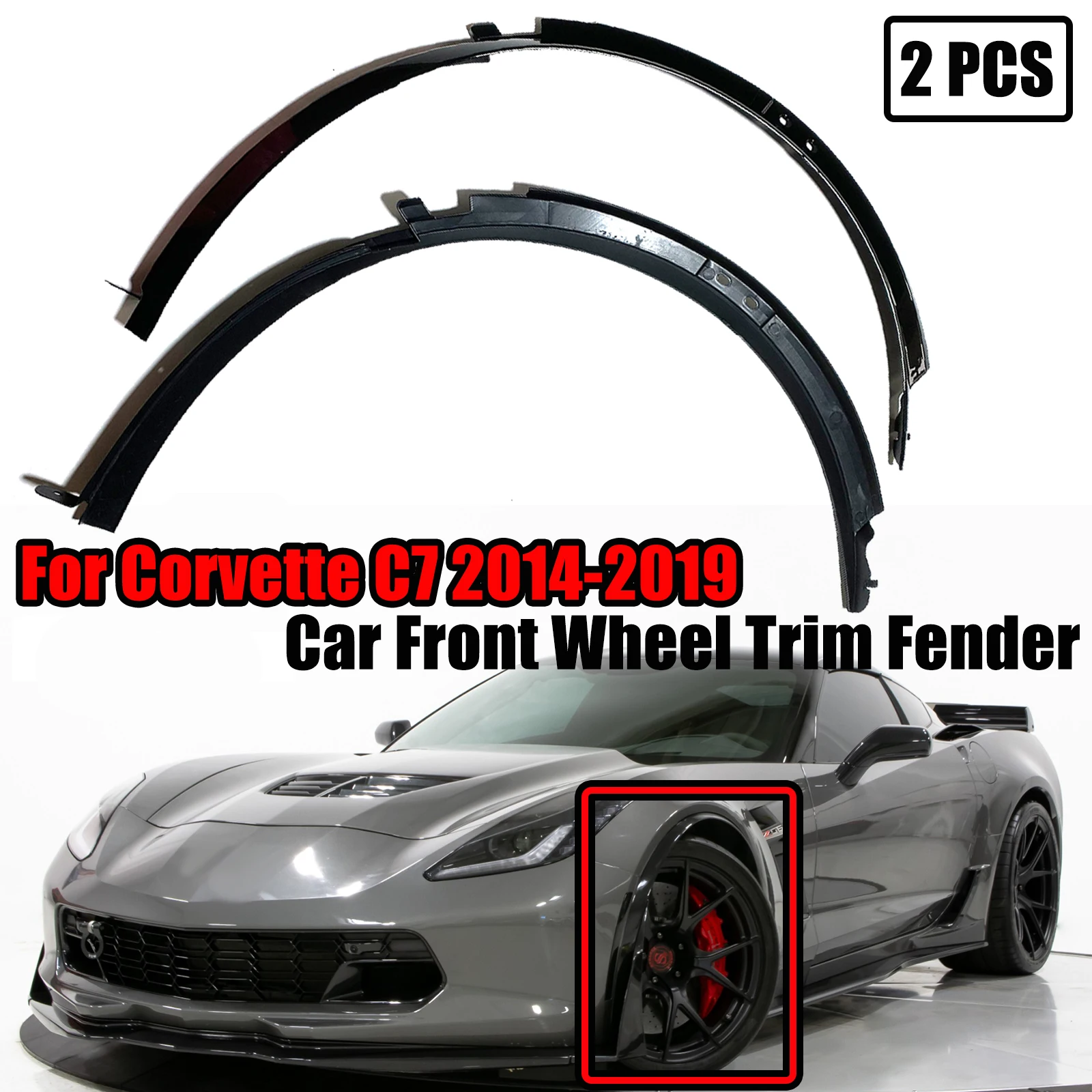 For Corvette C7 2014-2019 2Pcs Carbon Fiber Look Glossy Black Car Front Wheel Trim Fender Arches Molding Flares GM Style